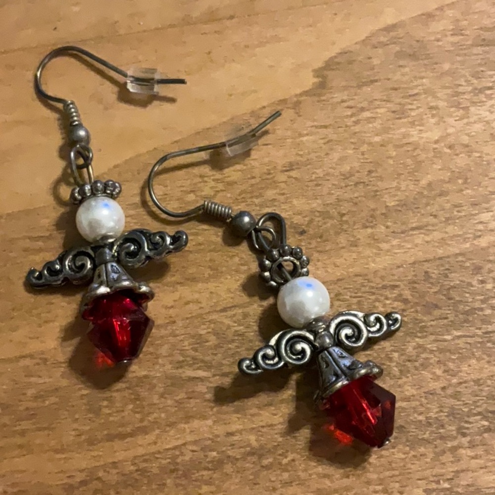 Victorian-Inspired Pearl and Red Crystal Christmas Angel Earrings